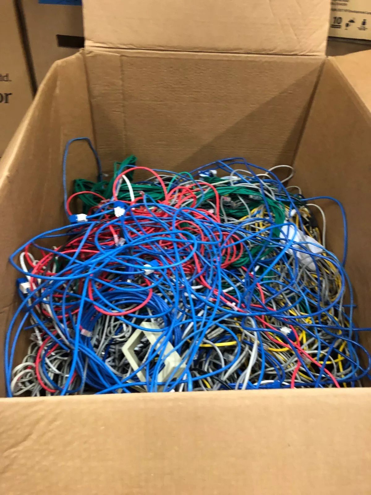 Boxes of Cat5 and Cat6 Cables with Mixed Lengths and Colors